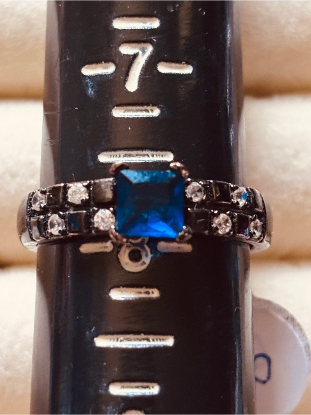 Blue Square-Cut Crystal Ring with Clear Accent Stones Size 8